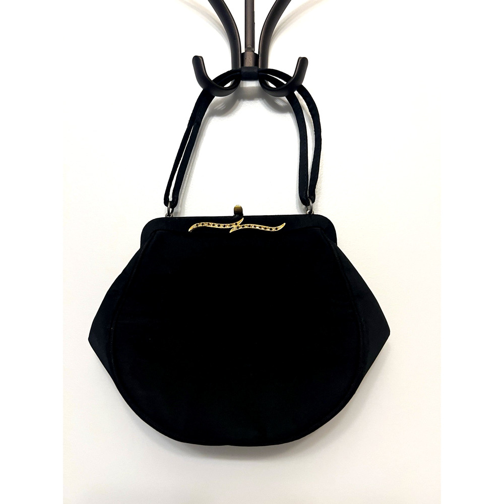 Vtg AFTER FIVE Jeweled Black Satin Evening Bag Silver Chain Clutch Purse USA